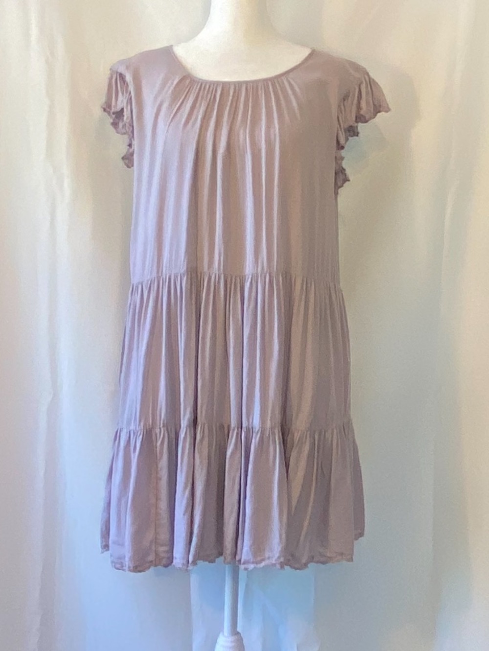 Wilfred Women's Sidonie Mauve Tiered Babydoll Dress Scalloped Flutter Sleeves MD